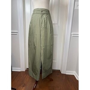 Club Monaco Womens Olive Green Wide Leg Cuffed Pleated Cotton Trousers Size 10
